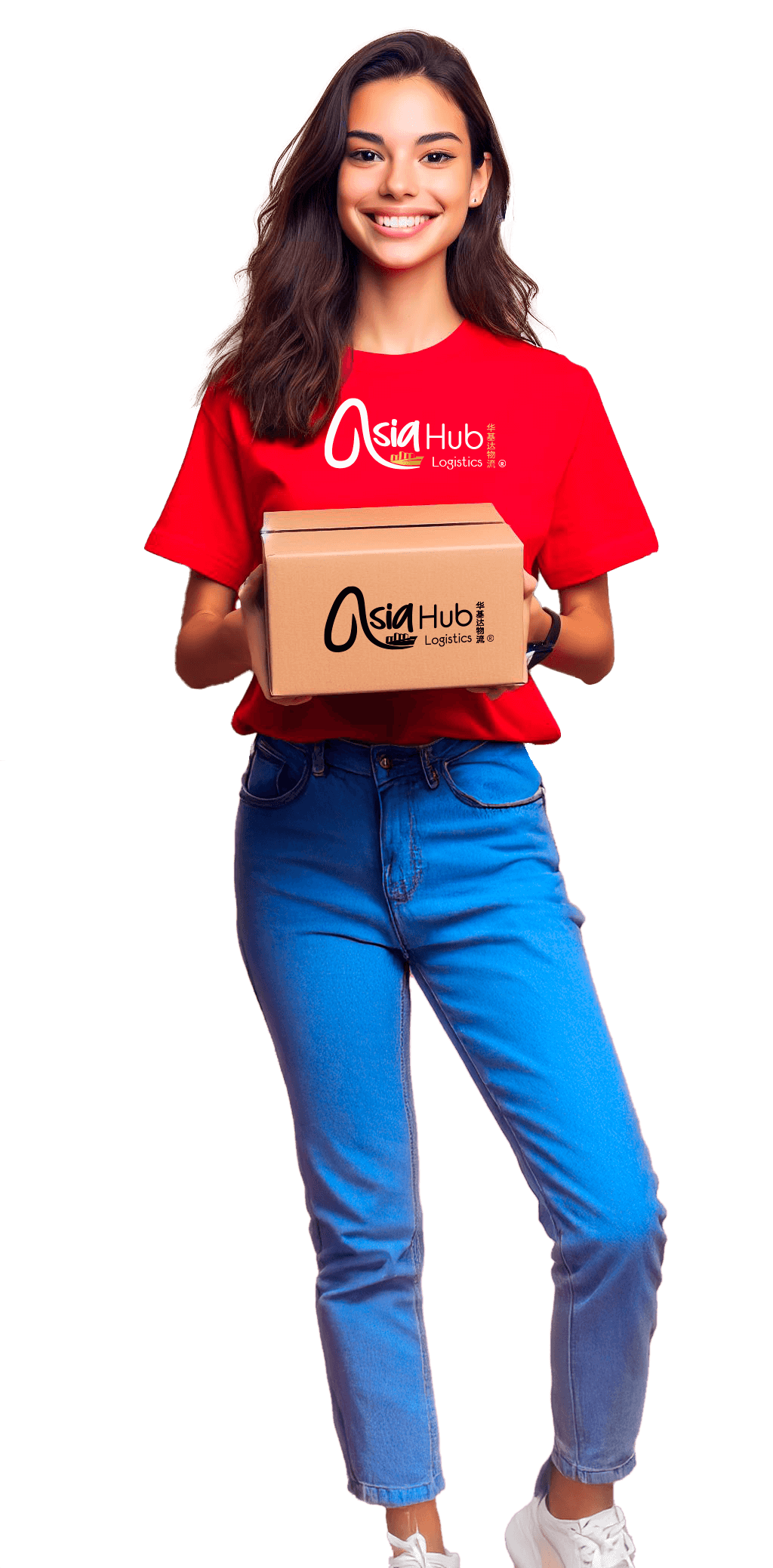 Joven mujer con una camisa de Asia Hub Logistic entregando una caja de Asia Hub Logistics
