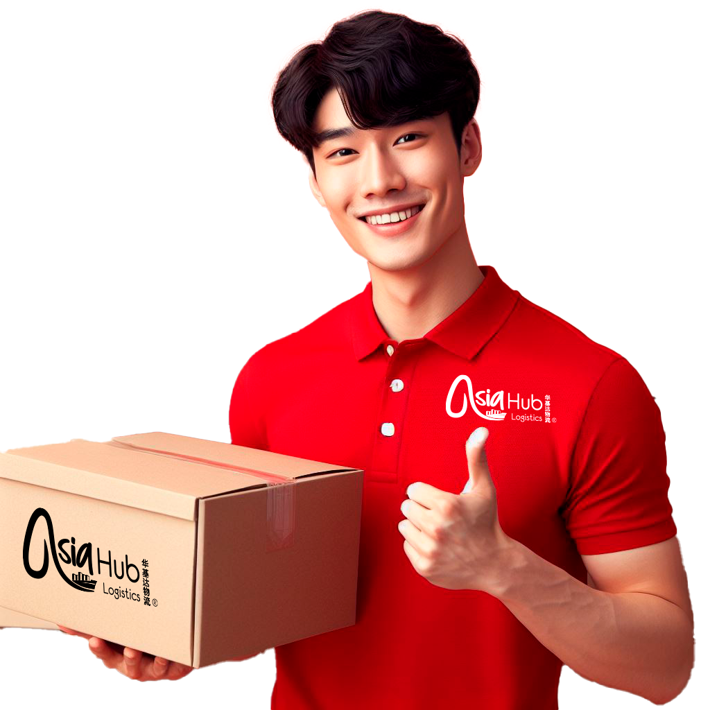 Joven hombre con una camisa de Asia Hub  Logistic sosteniendo una caja de Asia Hub Logistics